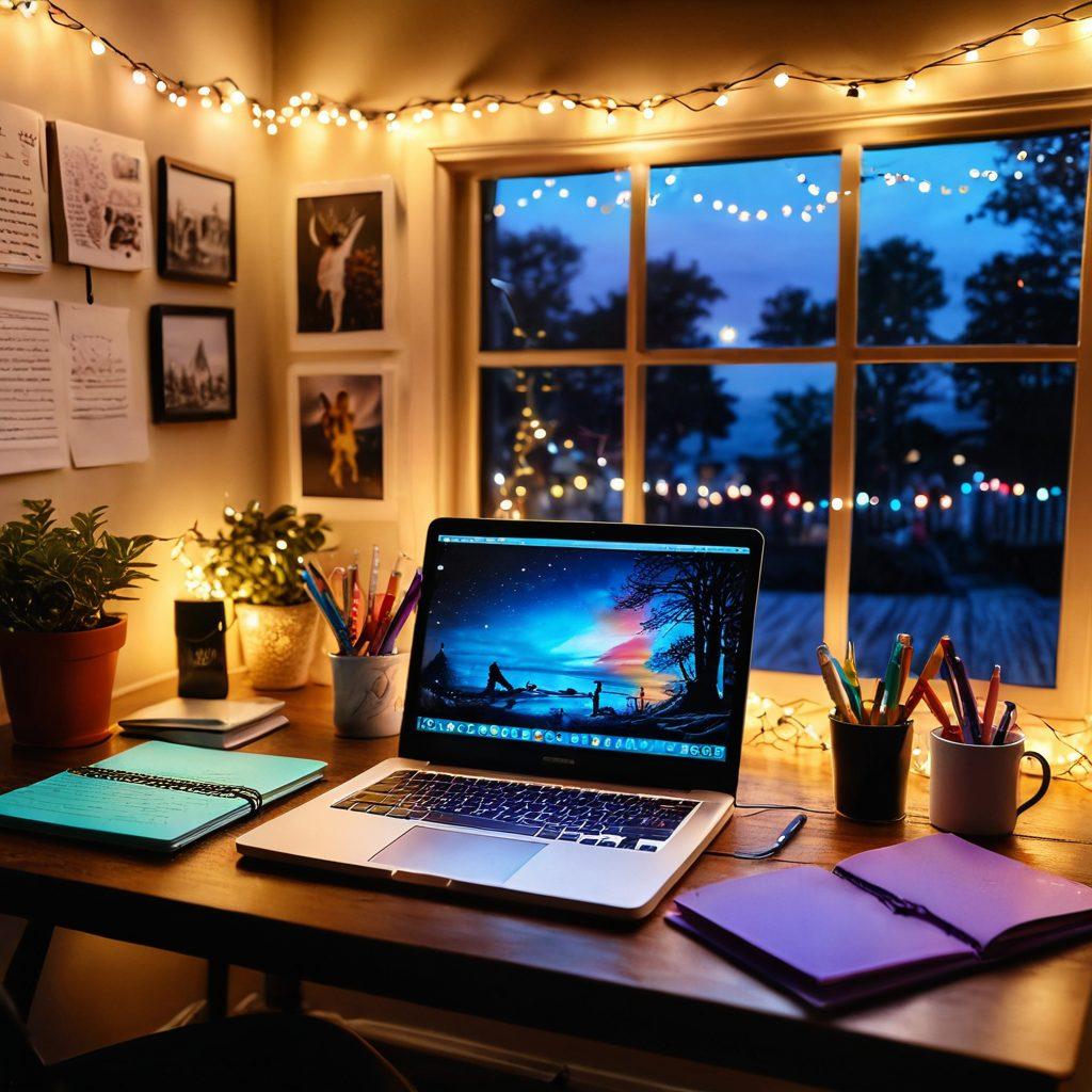 A creative workspace filled with an open diary, colorful pens, and a glowing laptop, surrounded by soft fairy lights. The scene reflects a blend of traditional and digital storytelling with pages fluttering in the breeze and digital screens displaying vibrant narratives. A warm, inviting atmosphere suggests inspiration and self-expression. super-realistic. vibrant colors. cozy ambiance.