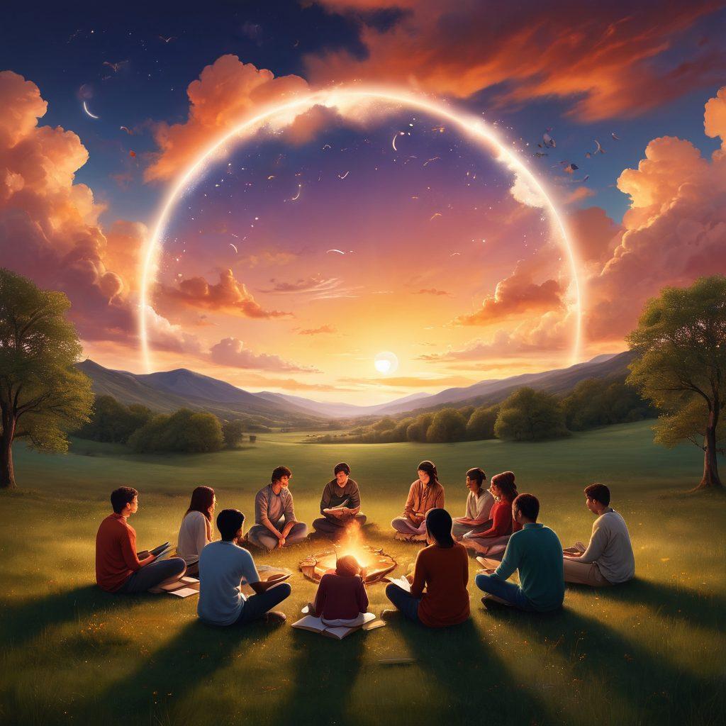 A diverse group of individuals seated in a circle, sharing stories, each illuminated by a soft, warm glow, symbolizing their unique voices. Books and digital devices scattered around, representing the blend of traditional and modern storytelling. Ethereal clouds of words and symbols floating above them, highlighting self-expression and creativity. The background features a serene landscape transitioning from dawn to dusk, symbolizing the journey of discovery. vibrant colors. illustration.