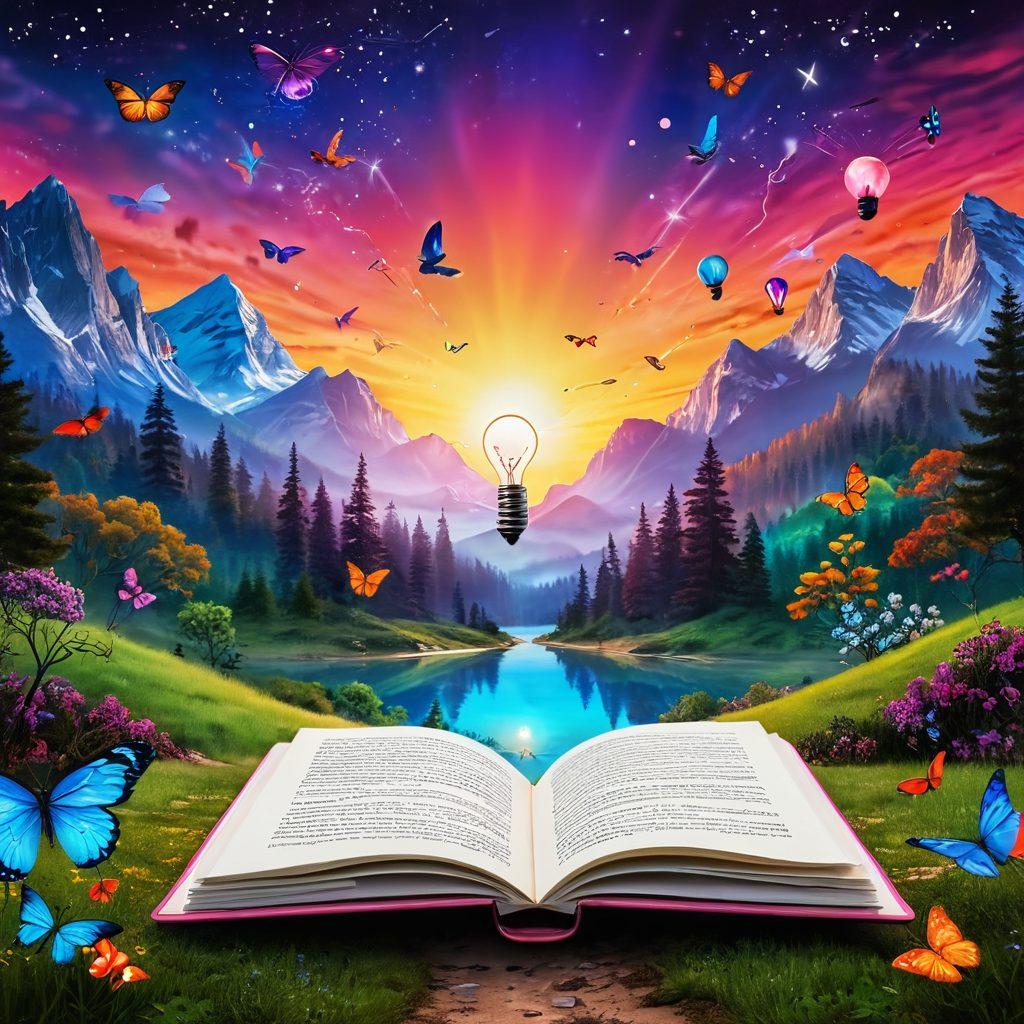 A whimsical scene depicting an open notebook surrounded by vibrant, floating ideas illustrated as colorful lightbulbs and swirling creativity sparks. In the background, a pathway leads towards a horizon filled with adventurous landscapes like mountains, forests, and a vibrant sunset. Birds and butterflies flutter around, symbolizing freedom and inspiration. The overall atmosphere is bright and inviting, encouraging exploration and creativity. super-realistic. vibrant colors. dreamy background.